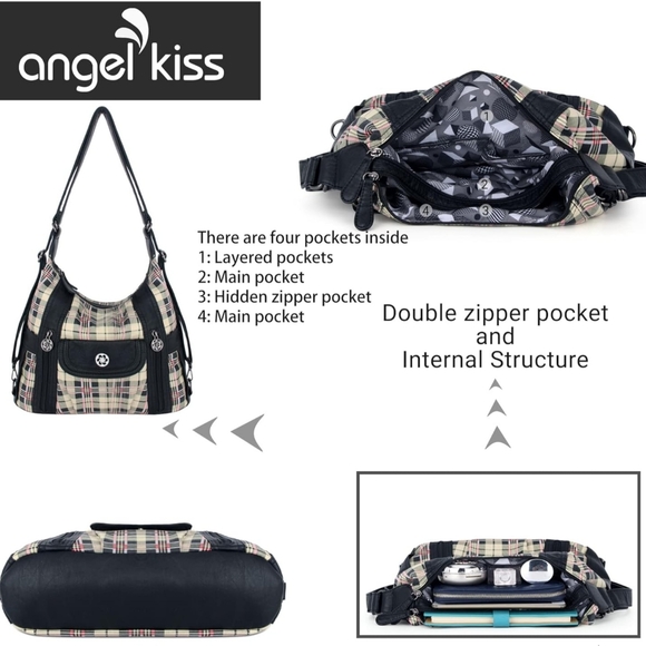 NWT! Black and Apricot Designer Angel Kiss Vegan Leather Plaid Shoulder Hobo Bag - Picture 6 of 7